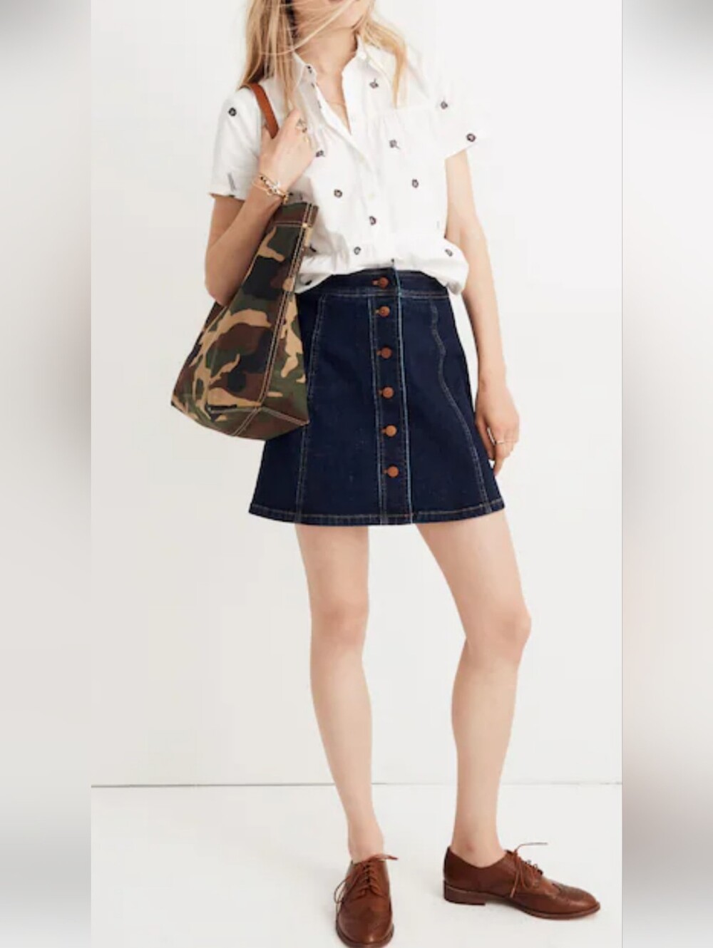 Madewell Dark blue wash Button-Front A-Line Denim mini Skirt size 10 like new